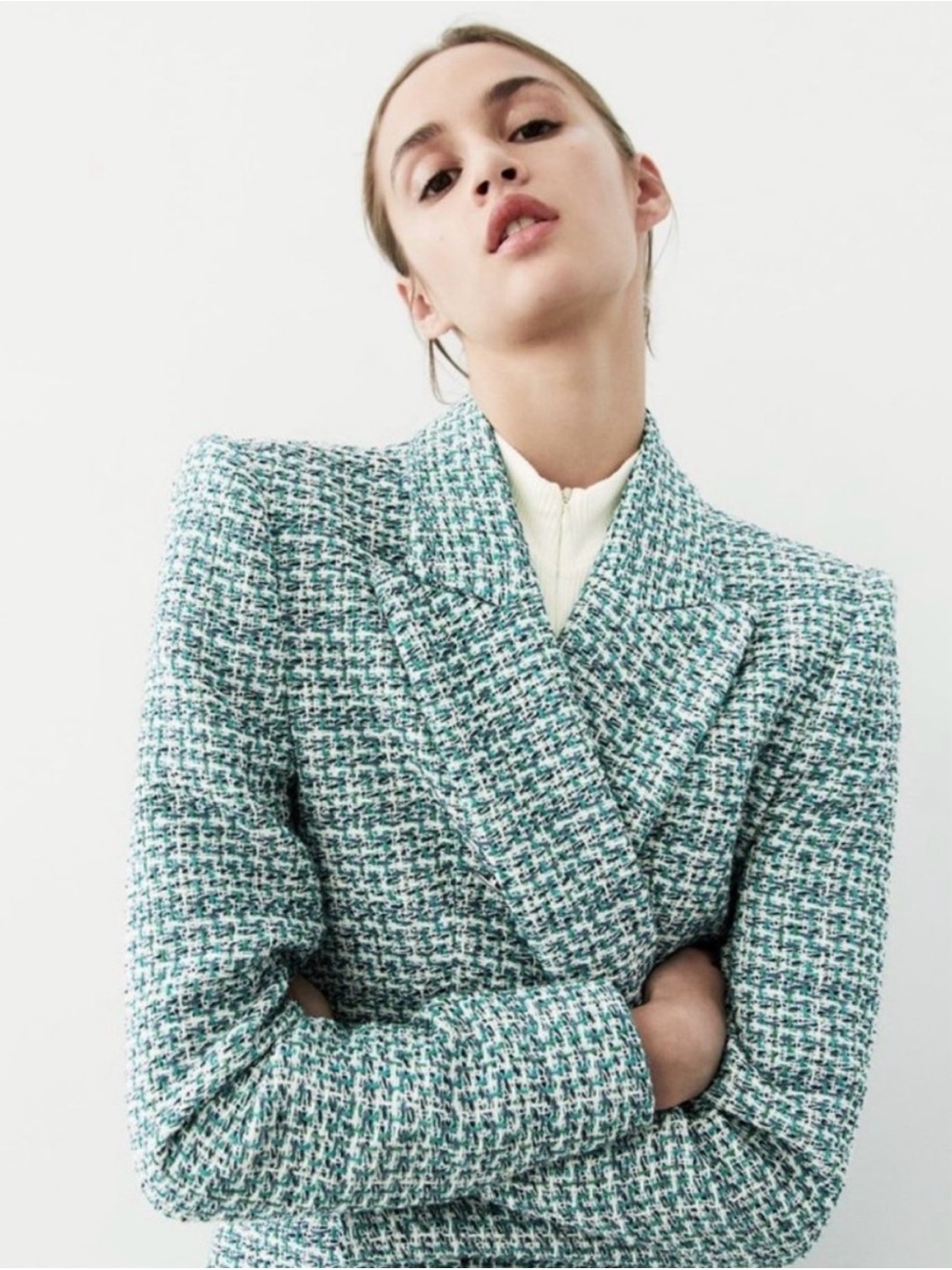 Zara Mint Tweed Double-Breasted Blazer Jacket